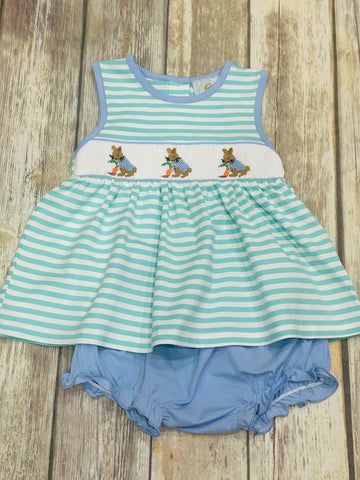 Girl's Smocked Mint Bunny Knit Diaper Set