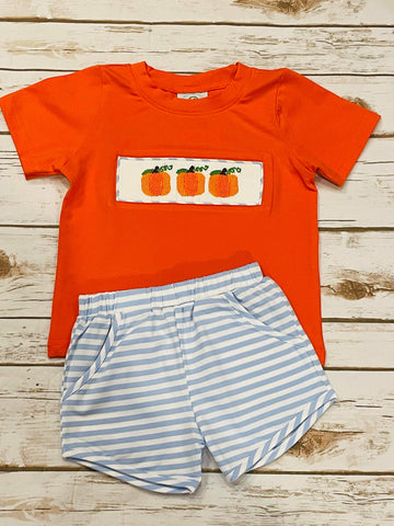 Boy's Pumpkin Smocked Knit Short Set